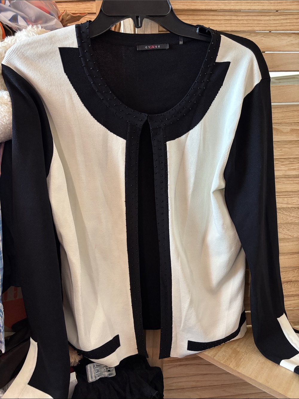 Cyrus Black and White Open-Front Beaded Trim Sweater Large